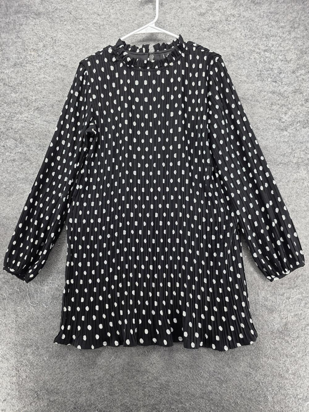 Lulus Dress Womens Medium Black Polka Dot Pleated Trapeze Swing Long Sleeve